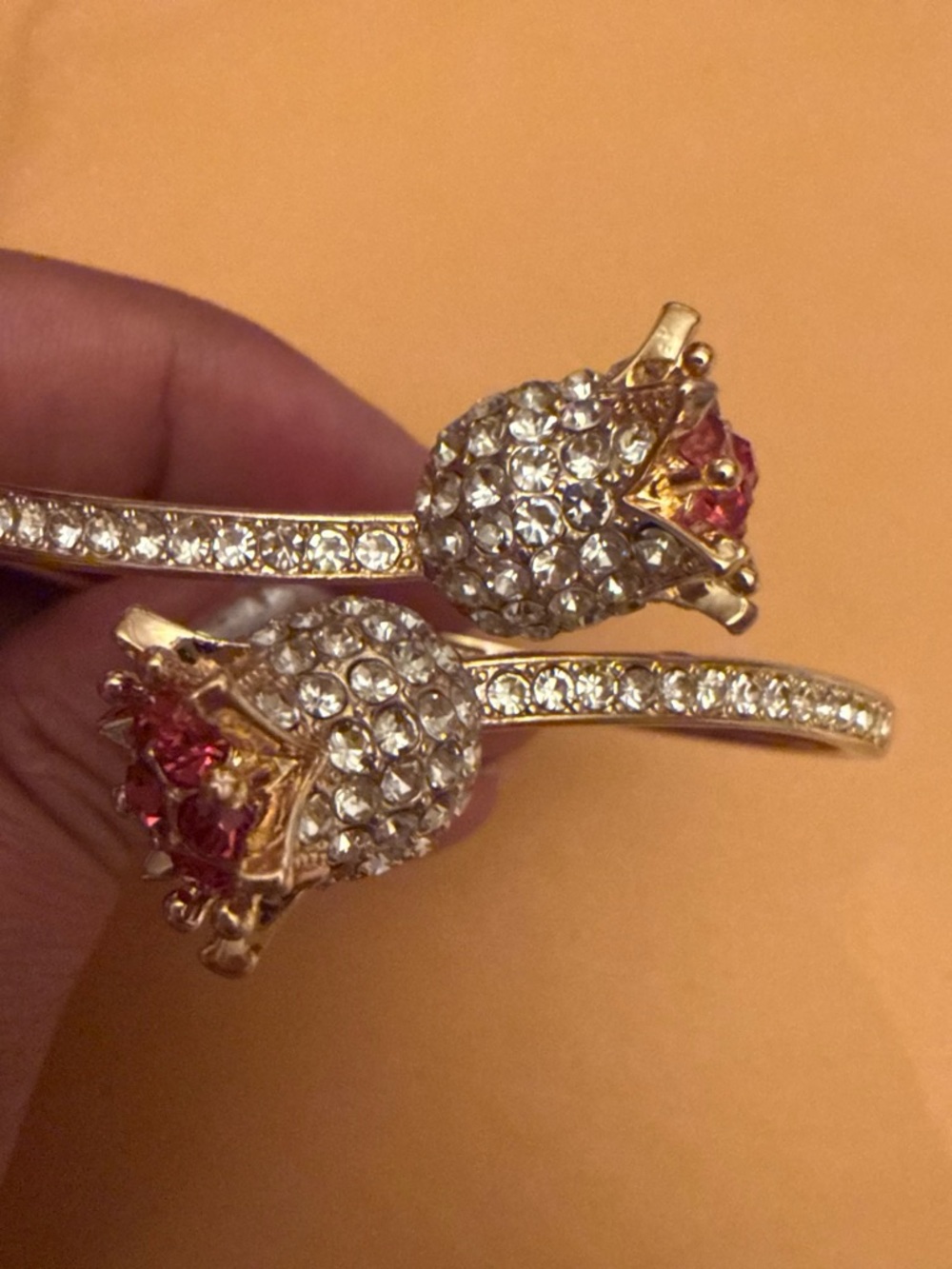 Gold-Tone Pink Crystal Rose Bypass Bracelet